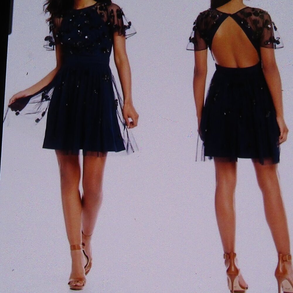 NWT Gianni Bini Party Dress Twilight Navy Blue Sz 10 Tulle Sequins Cutout Back